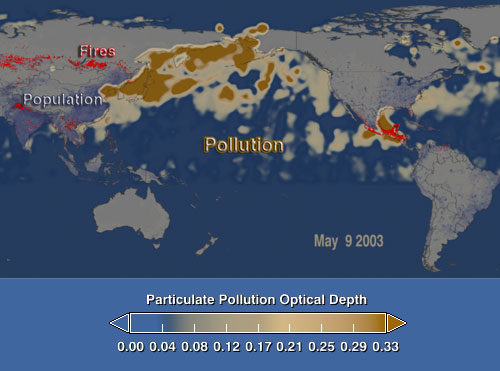 Air Pollution China - MODIS Satellite Data (NASA, 2003) showing air pollution patterns leaving the Asian continent