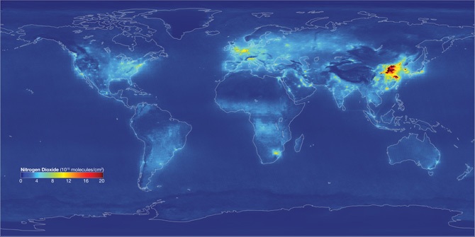 China's average Nitrogen Dioxide (NO2) emission levels and distribution pattern for 2010 relative to the entire Earth