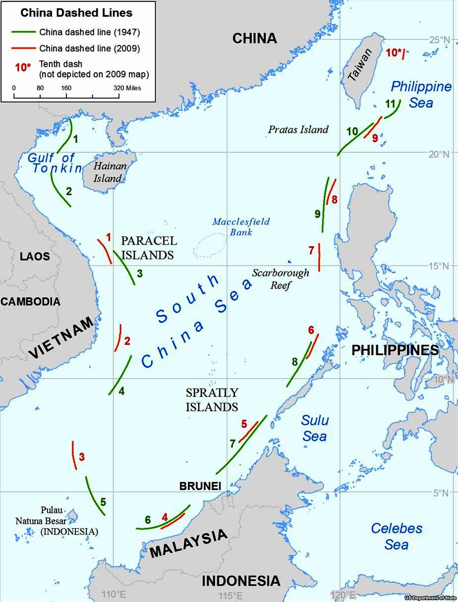 Map illustrating China's 11, 10 and 9 dash lines of the South China Sea (US Department of State)