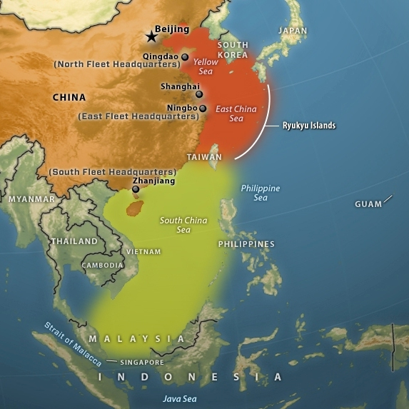 Illustration showing the maritime space in the East (Orange) and South (Green) China Seas relative to the major archipelagoes (STRATFOR, 2010)