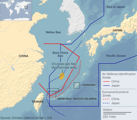 Map of the East China Sea showing the Exclusive Economic Zones for China and Japan near Senkaku and Okinawa Islands (Chinese Defense Ministry, 2013)