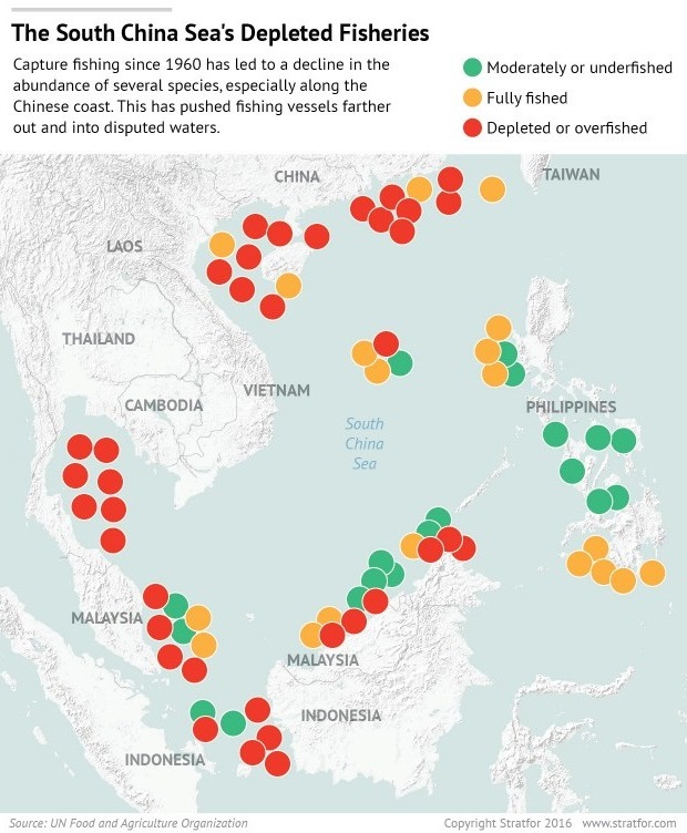 Map illustrating the availablity of fishery resources in the South China Sea (United Nations and Stratfor, 2016)