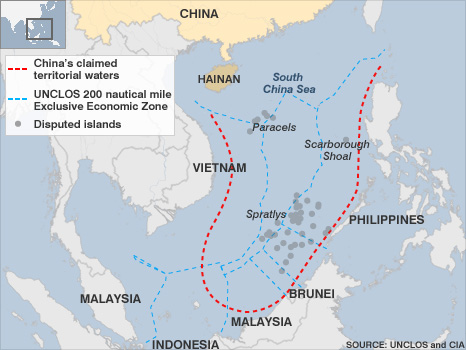 Map of the South China showing the Exclusive Economic Zones for Vietnam, Malaysia, Indonesia, Brunei, and Philippines relative to maritime space being claimed by China (UNCLOS, and CIA, 2010)