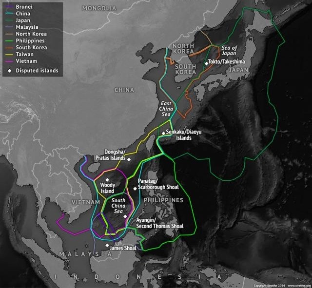 Map of the Japanese and China Sea regions showing the overlapping maritime claims for Brunei, China, Japan, Malaysia, North Korea, Philippines, South Korea, Taiwan, and Vietnam