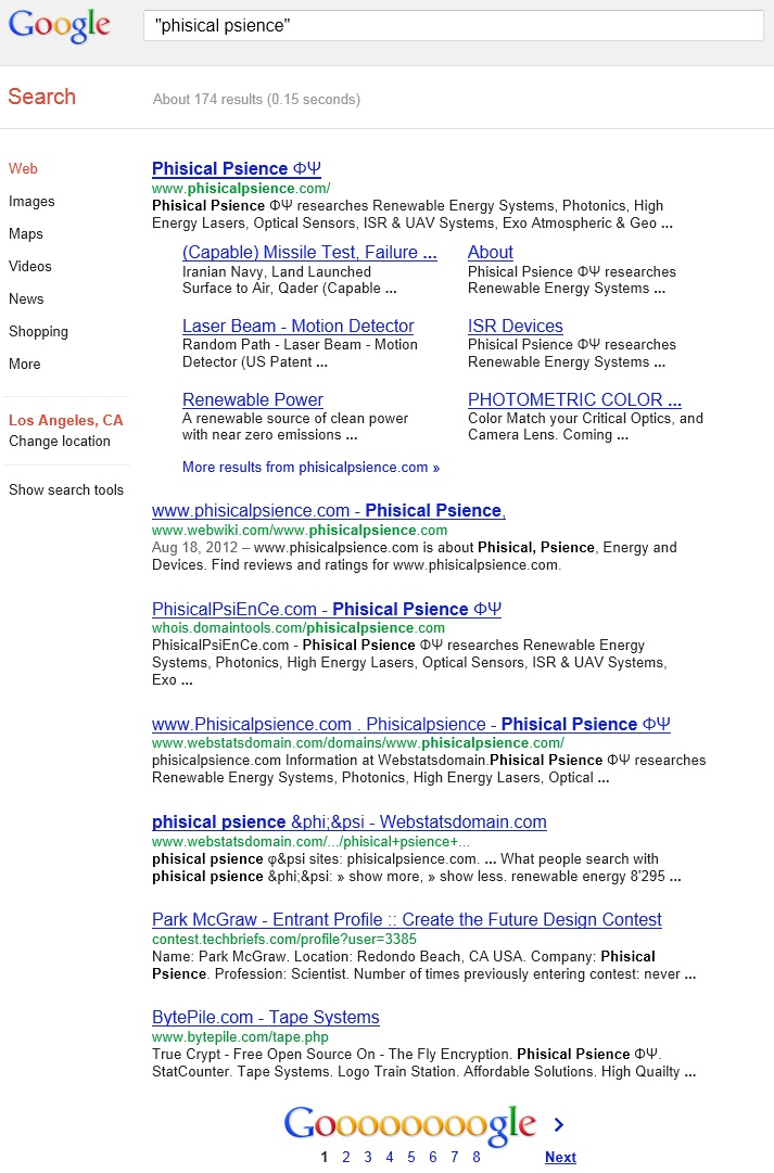Google Search Result for Phisical Psience ΦΨ as of 16 Sep 2012