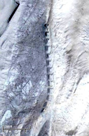 Enhanced aerial photo of Chankillo solar observatory and its thirteen huacas (shrines)