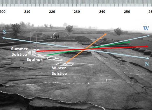 Taosi observatory with arrows indicating the approximate compass heading for the summer solstice (red), spring and fall equinox, winter solstice (orange)