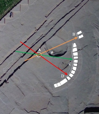 Aerial photo of the Taosi observatory with overlay of pillars and shadow projection paths