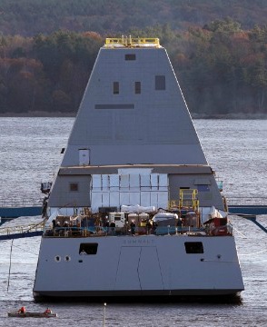Stern view of the newly floated USS Zumwalt