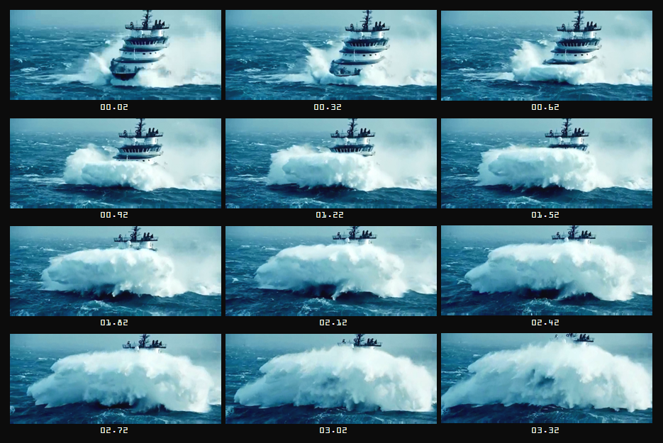Video still frames showing the water ejecting effect of a typical flare bow during rough seas