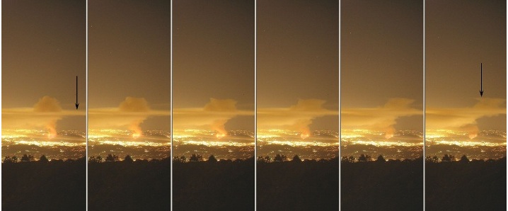Time sequence photographs of the Griffith Park, Mt. Hollywood fire with smoke (cloud) based, thermal plume formation